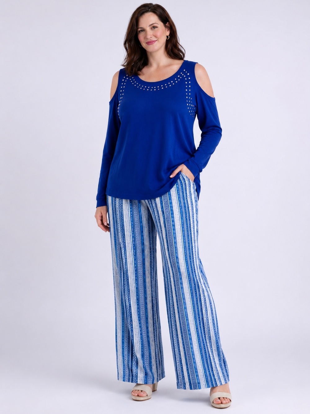 VENUS Royal Blue Cold Shoulder Long Sleeve‎ Top